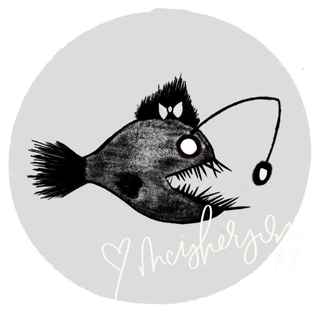 A hand-drawn hairy anglerfish on neon green with mcisherson's signature